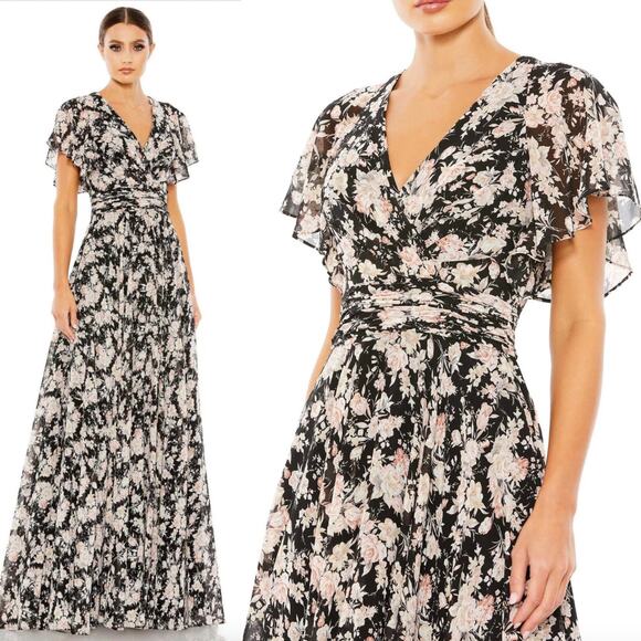 Mac Duggal Floral Print Flutter Sleeve A Line Dress Gown Black 11266 Size 6 New - Picture 1 of 16